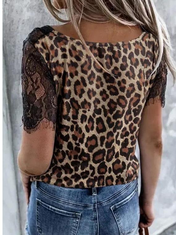 Lace Stitching Short-sleeved Leopard Print T-shirt - LuckyFash™