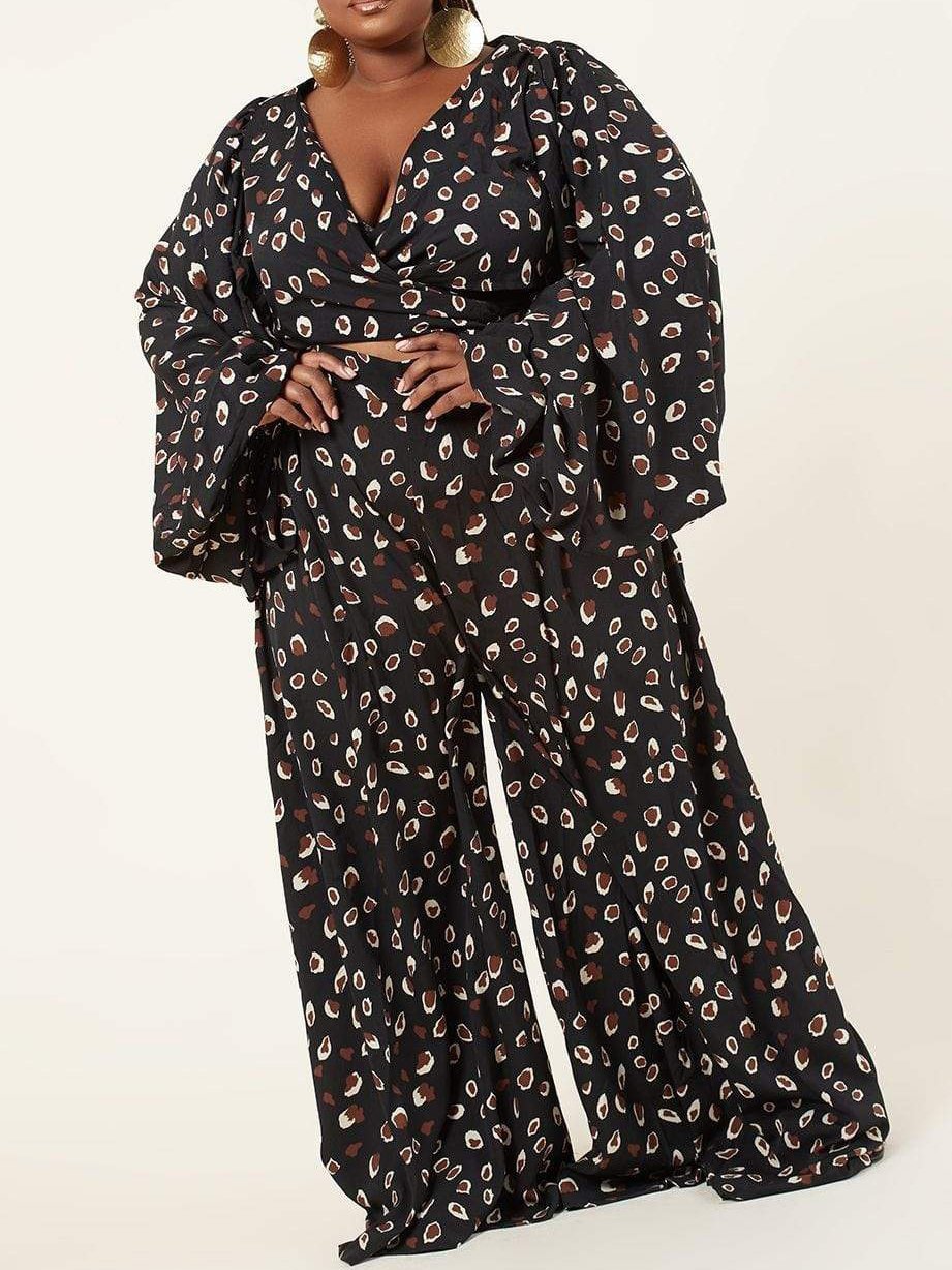 Lace-up Cardigan & Loose Wide-leg Pants Leopard Print Suit - LuckyFash™