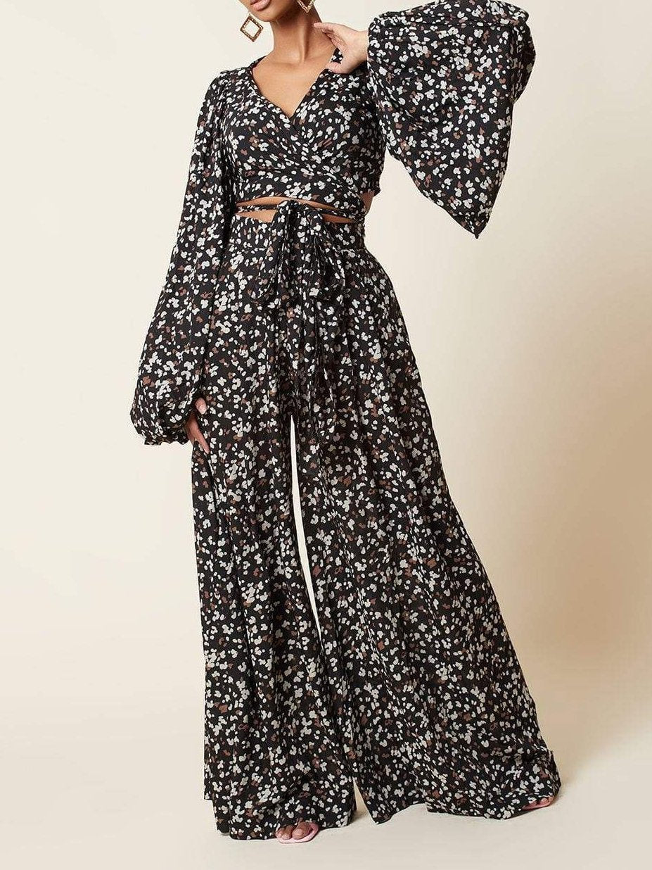 Lace-up Cardigan & Loose Wide-leg Pants Leopard Print Suit - LuckyFash™