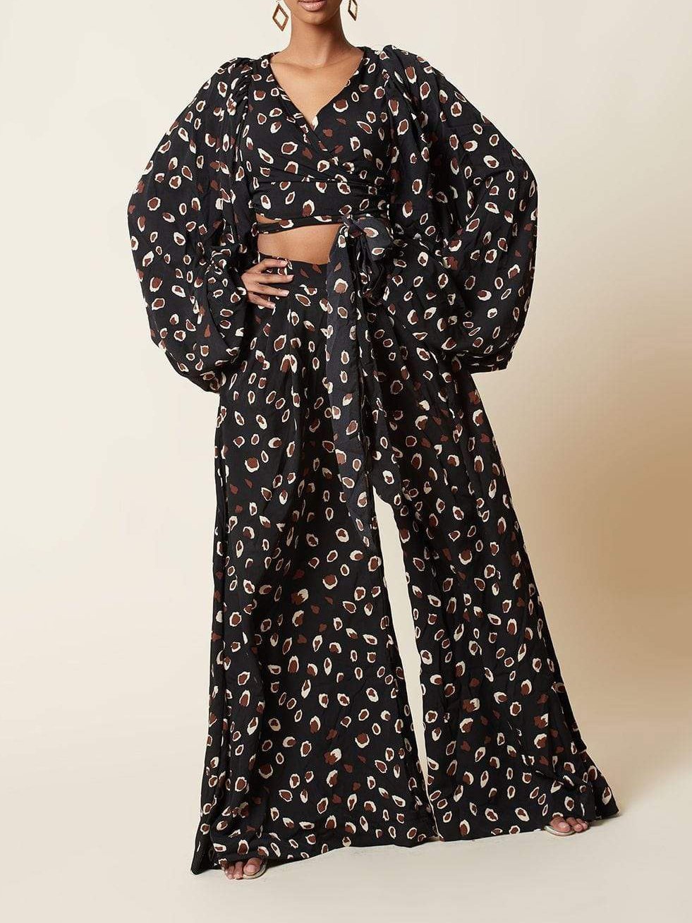 Lace-up Cardigan & Loose Wide-leg Pants Leopard Print Suit - LuckyFash™