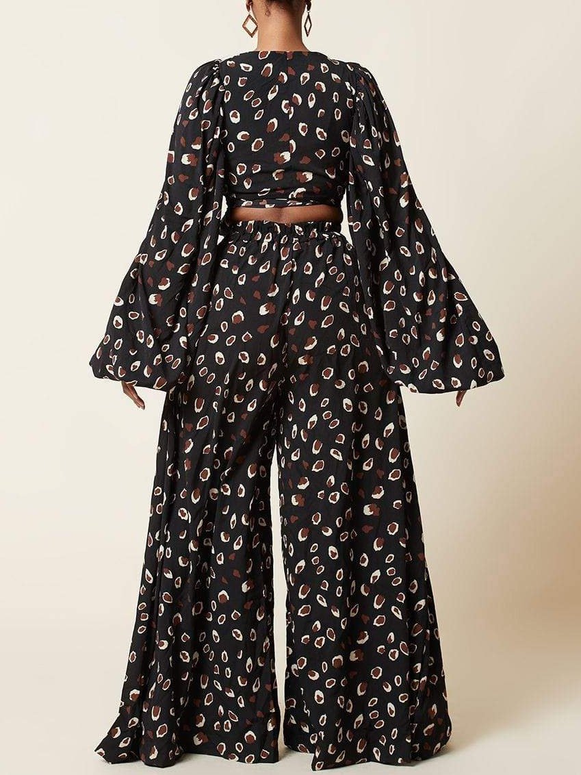Lace-up Cardigan & Loose Wide-leg Pants Leopard Print Suit - LuckyFash™