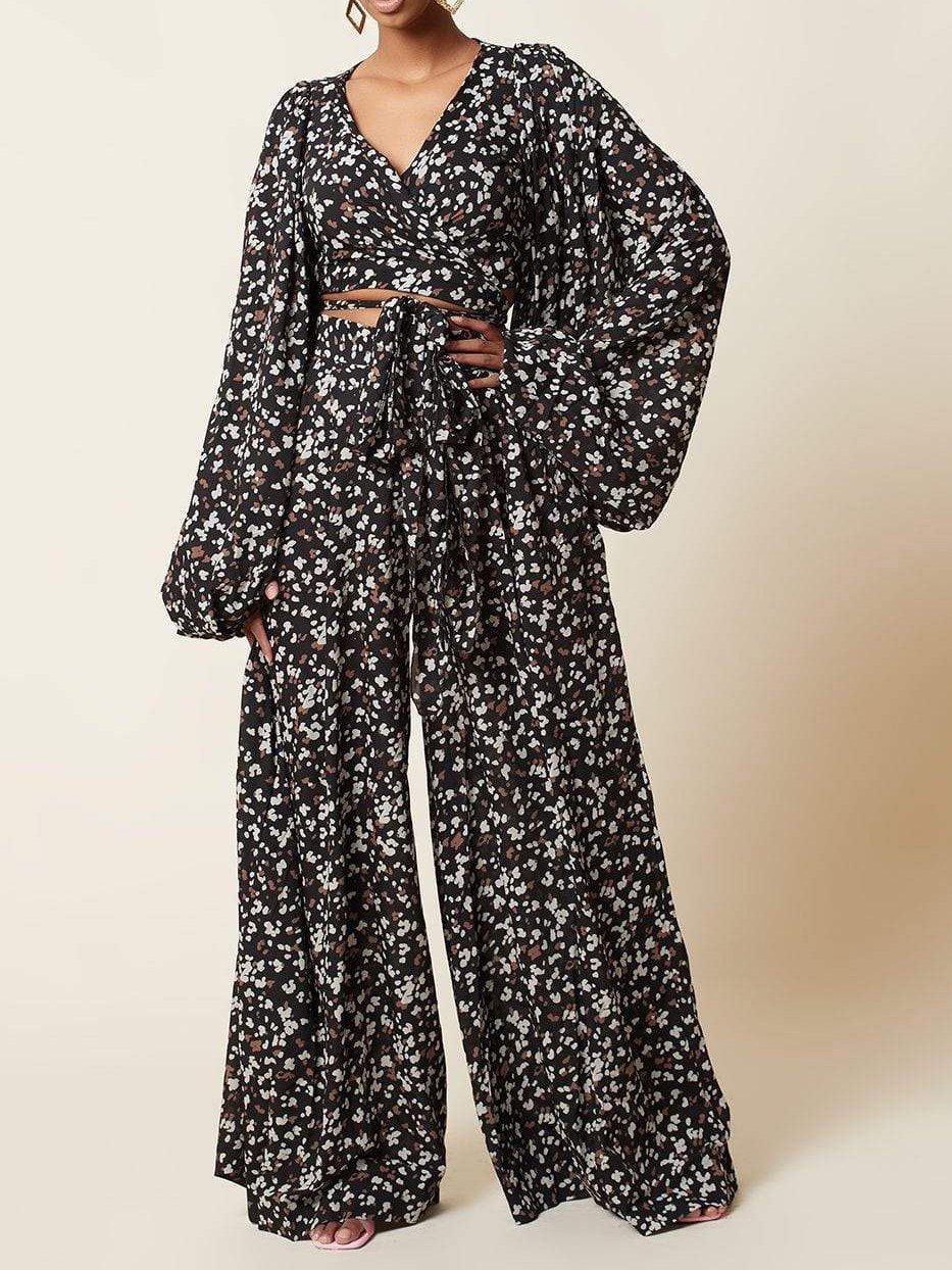 Lace-up Cardigan & Loose Wide-leg Pants Leopard Print Suit - LuckyFash™