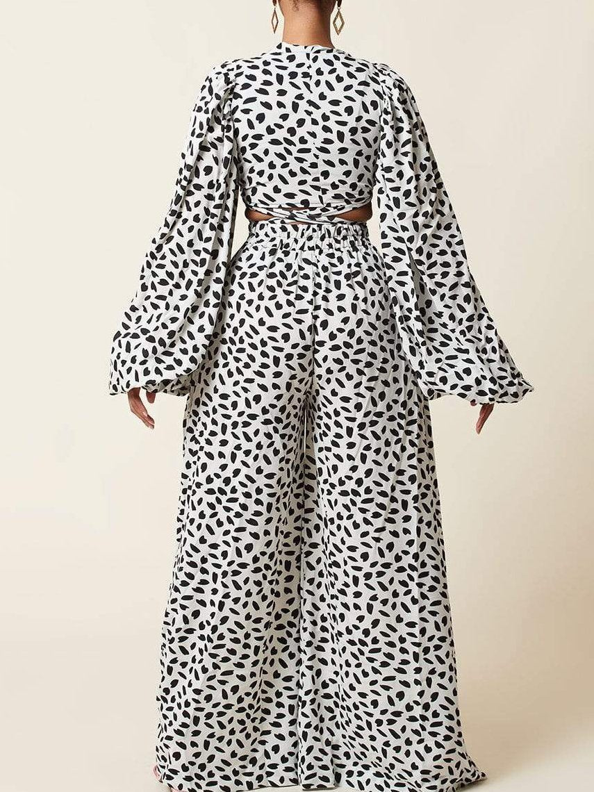 Lace-up Cardigan & Loose Wide-leg Pants Leopard Print Suit - LuckyFash™