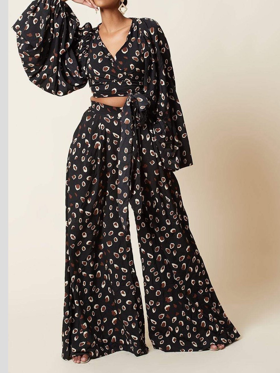 Lace-up Cardigan & Loose Wide-leg Pants Leopard Print Suit - LuckyFash™