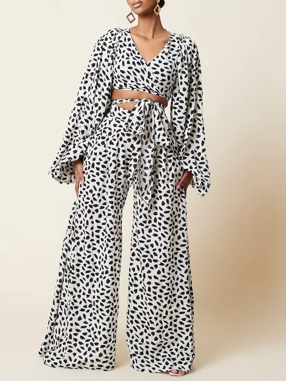 Lace-up Cardigan & Loose Wide-leg Pants Leopard Print Suit - LuckyFash™