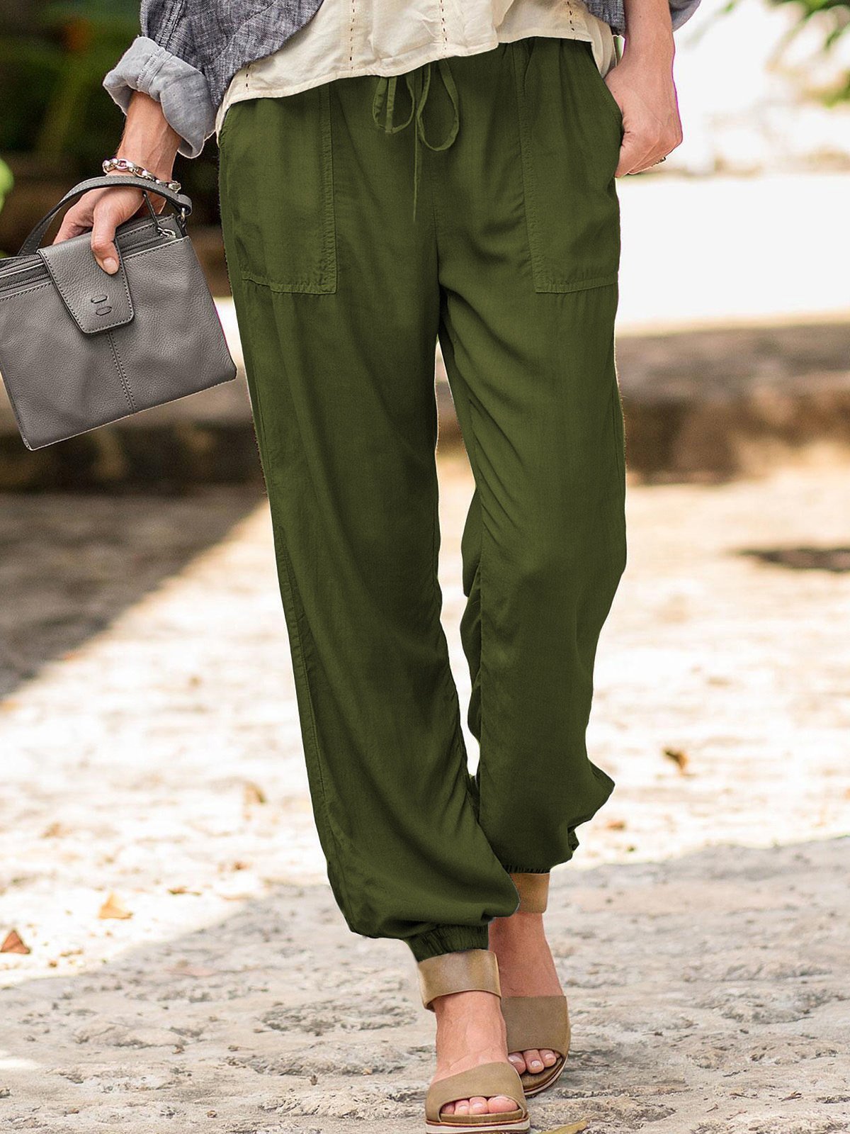 Lace-up Solid Stretch Waist Pocket Slacks - LuckyFash™