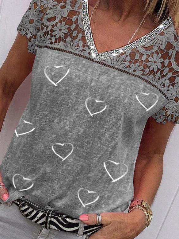 Lace V Neck Heart Print Short-sleeved T-shirt - LuckyFash™