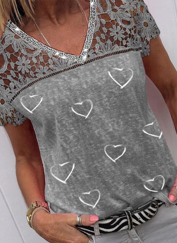 Lace V Neck Heart Print Short-sleeved T-shirt - LuckyFash™