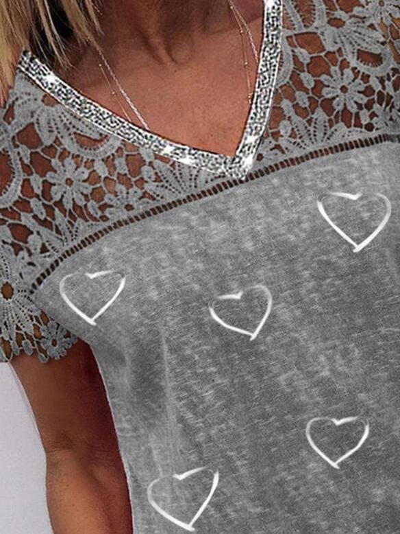 Lace V Neck Heart Print Short-sleeved T-shirt - LuckyFash™