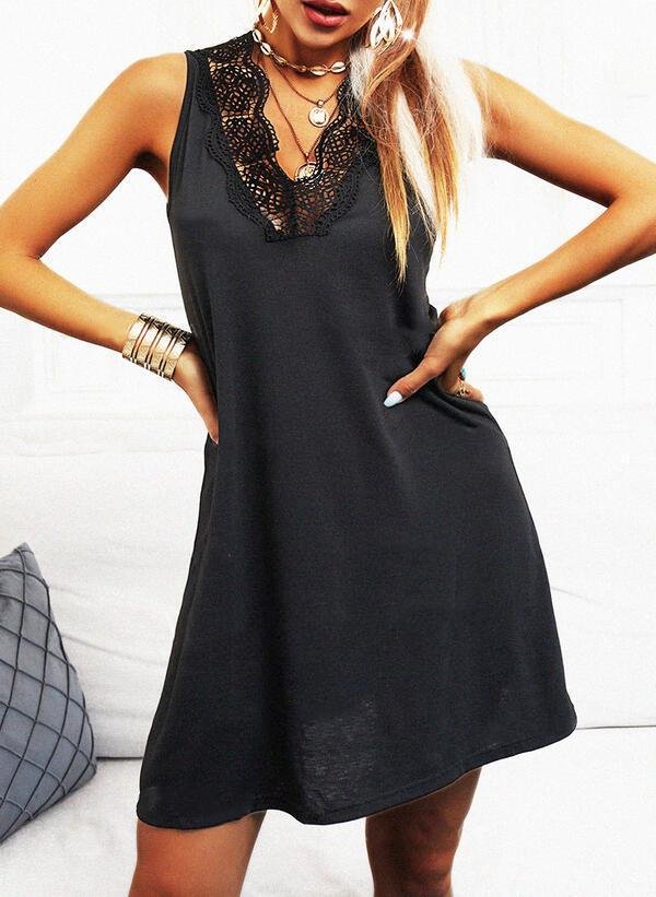 Lace V-neck Sleeveless Black Dress - LuckyFash™