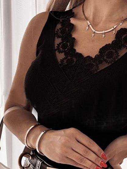 Lace V-neck Sleeveless Casual Tanks Tops - LuckyFash™
