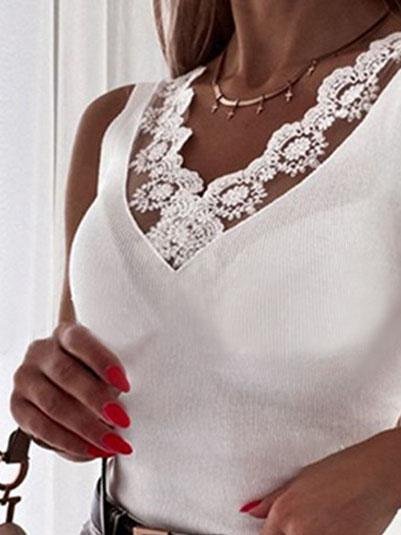Lace V-neck Sleeveless Casual Tanks Tops - LuckyFash™