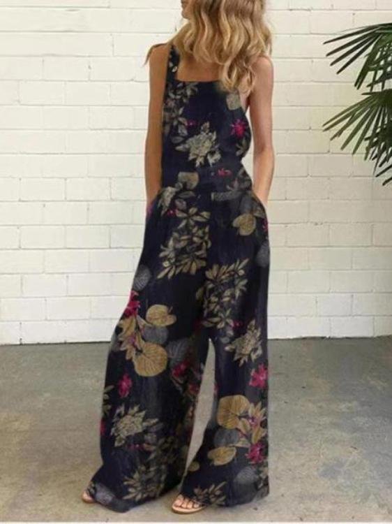 Leaf And Flower Printed Buttons Sleeveless Loose Suspenders Jumpsuit - LuckyFash™