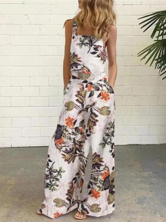 Leaf And Flower Printed Buttons Sleeveless Loose Suspenders Jumpsuit - LuckyFash™