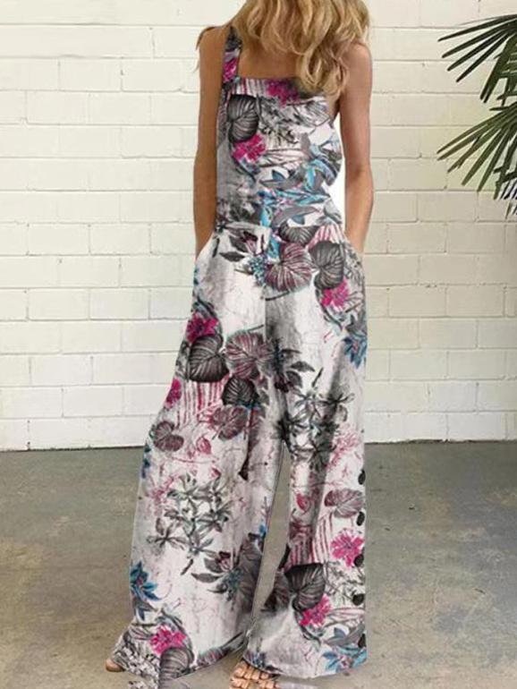 Leaf And Flower Printed Buttons Sleeveless Loose Suspenders Jumpsuit - LuckyFash™