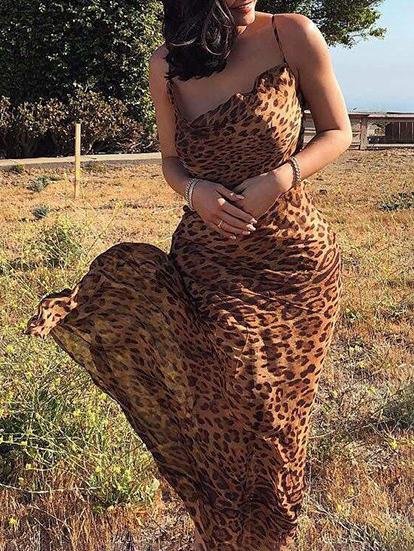 Leopard Print Backless Bodycon Maxi Dress With Straps - LuckyFash™
