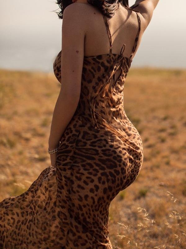 Leopard Print Backless Bodycon Maxi Dress With Straps - LuckyFash™