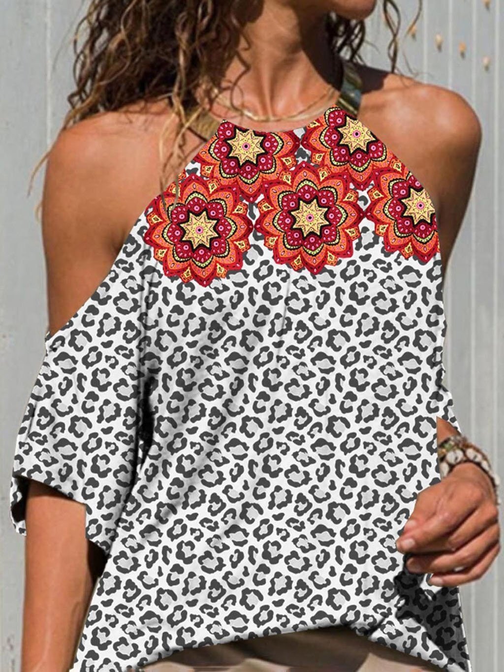 Leopard Print Halter Off Shoulder T-shirt - LuckyFash™