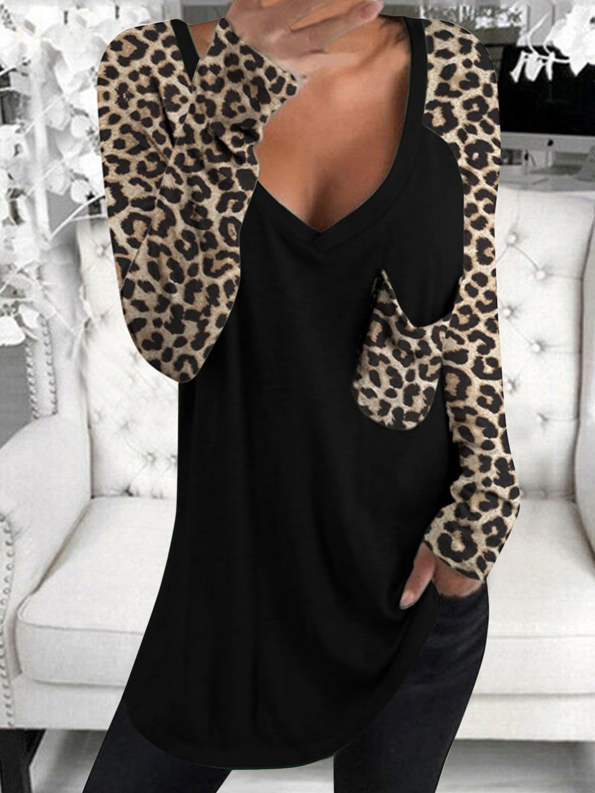 Leopard Print Long Sleeve V-neck Pocket Casual Blouses - LuckyFash™