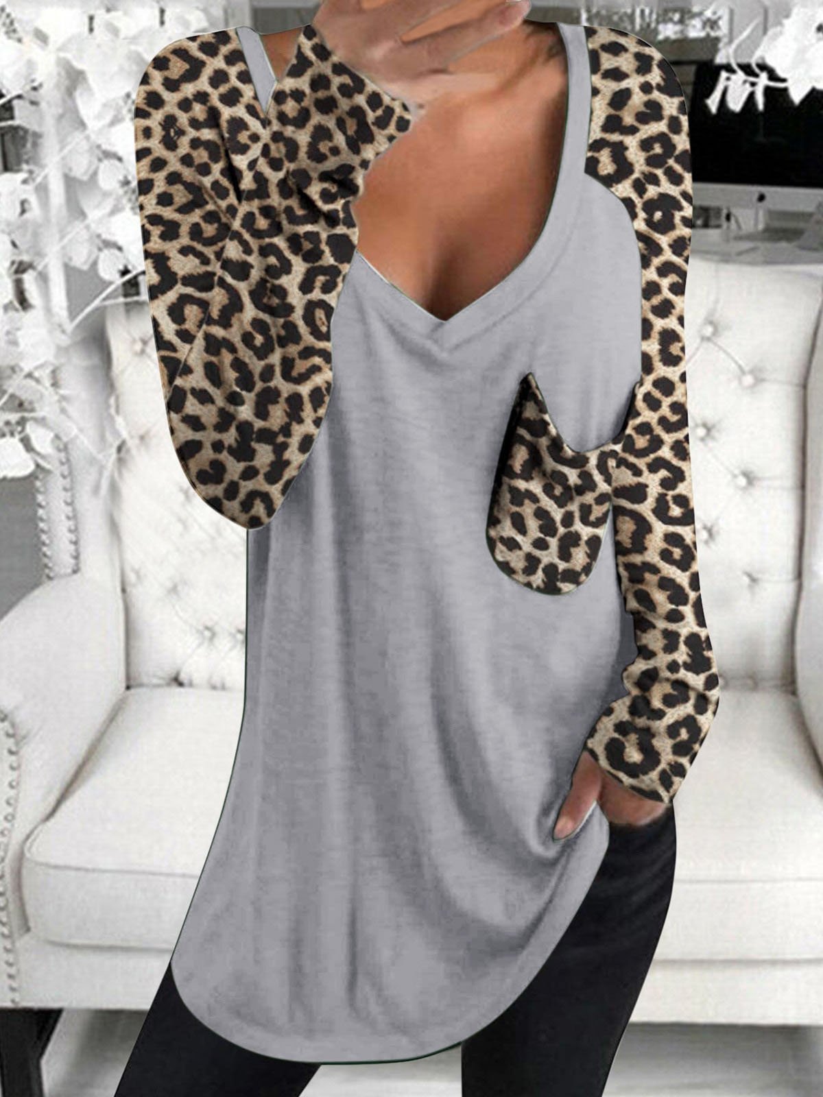 Leopard Print Long Sleeve V-neck Pocket Casual Blouses - LuckyFash™