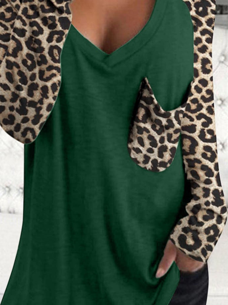 Leopard Print Long Sleeve V-neck Pocket Casual Blouses - LuckyFash™