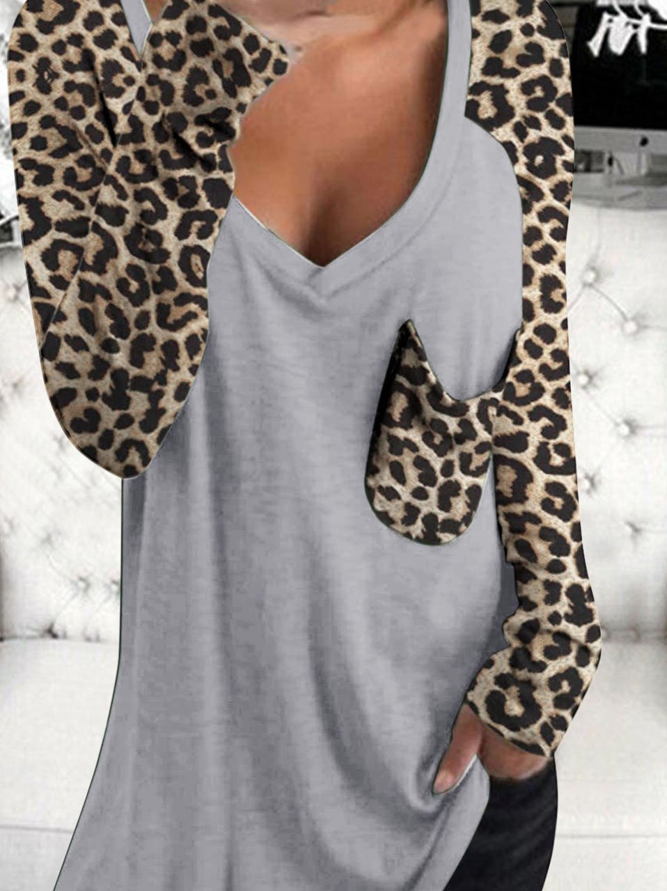 Leopard Print Long Sleeve V-neck Pocket Casual Blouses - LuckyFash™