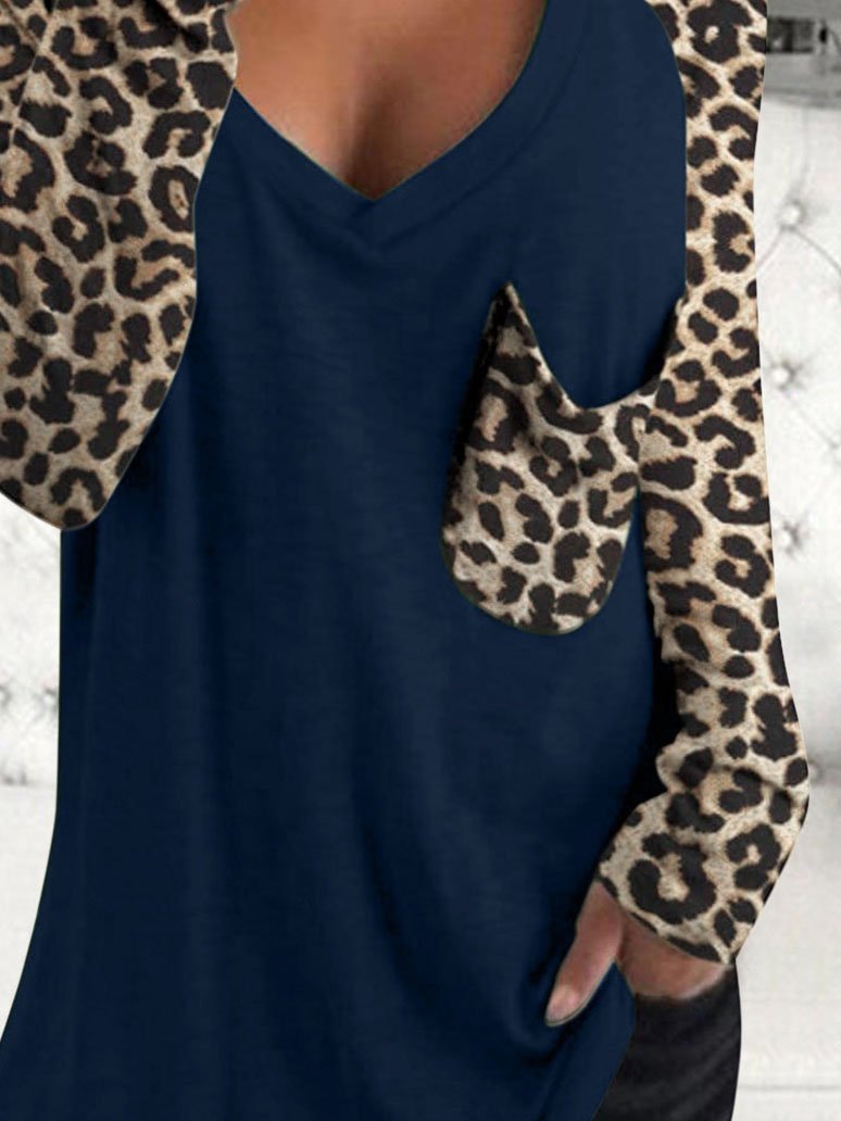 Leopard Print Long Sleeve V-neck Pocket Casual Blouses - LuckyFash™