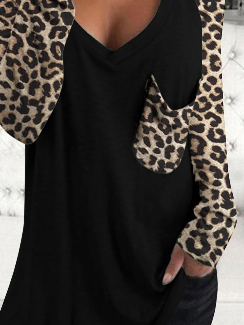 Leopard Print Long Sleeve V-neck Pocket Casual Blouses - LuckyFash™