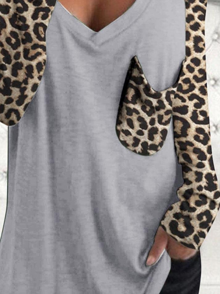 Leopard Print Long Sleeve V-neck Pocket Casual Blouses - LuckyFash™