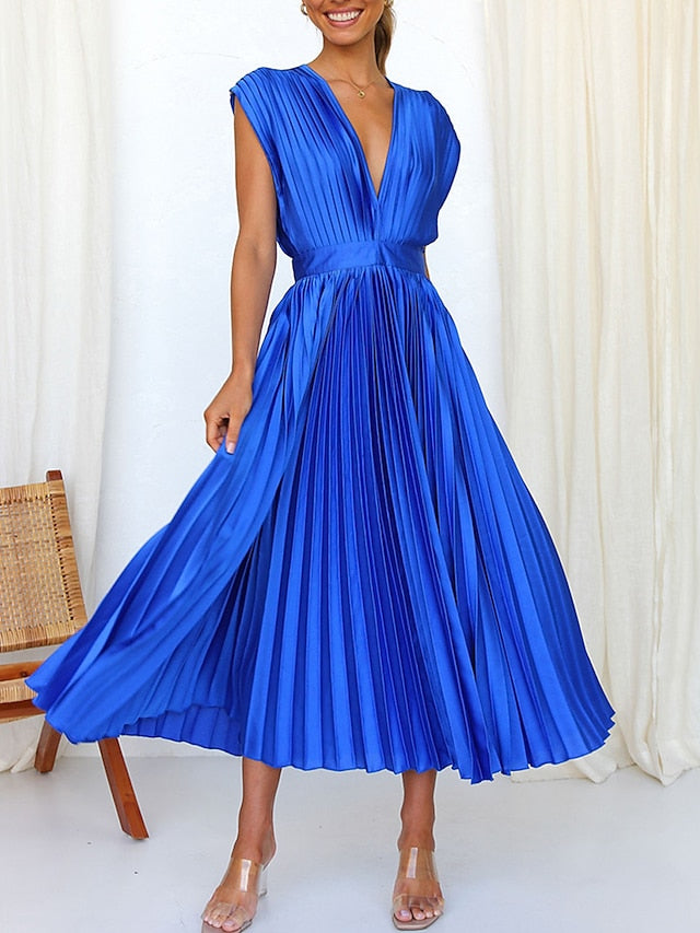 Women's Wedding Guest Dress Swing Dress Formal Dress Long Dress Maxi Dress Black Pink Red Sleeveless Pure Color Pleated Summer Spring Fall V Neck Party Evening Party Wedding Guest Vacation Loose Fit - LuckyFash™