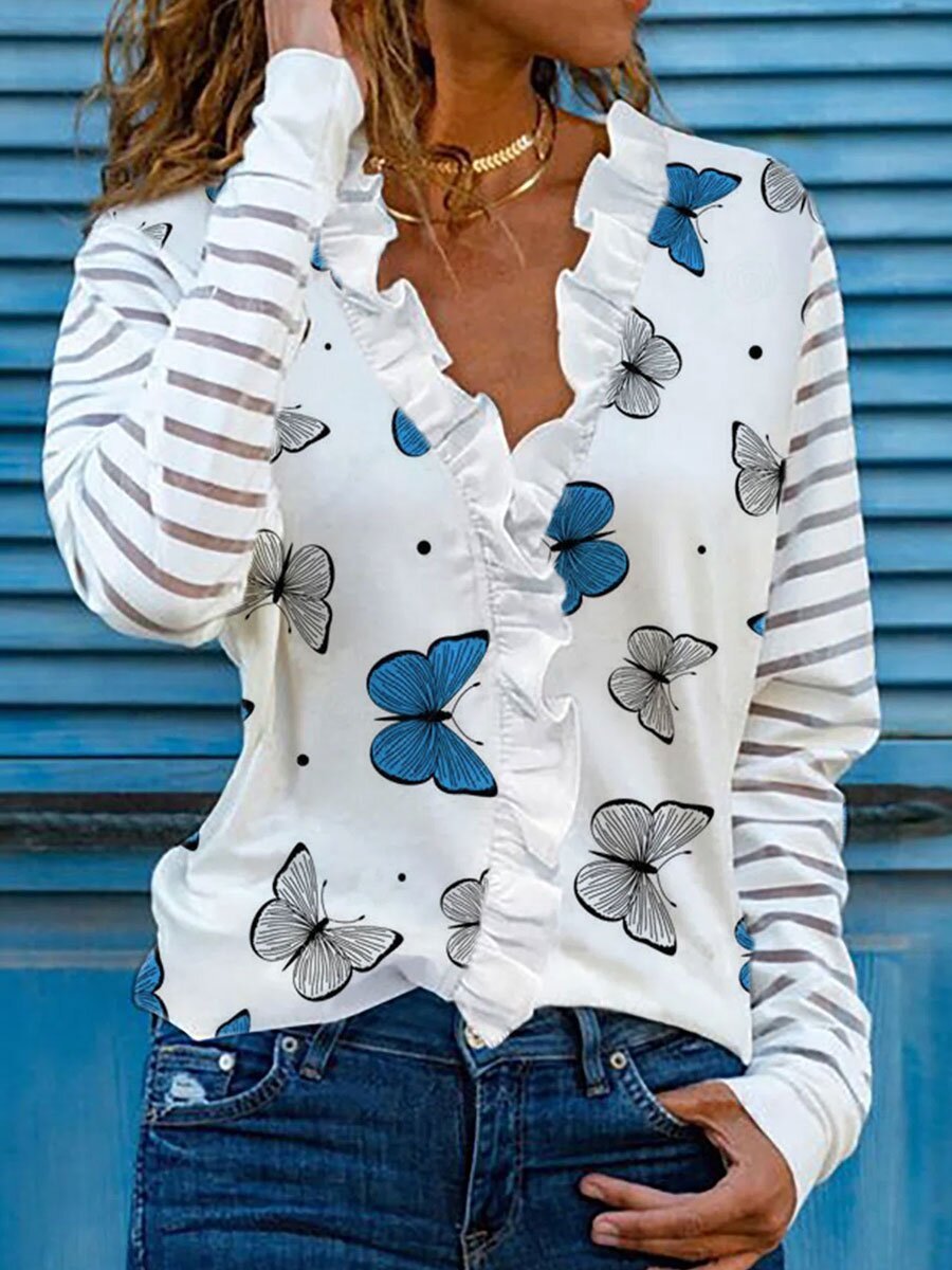 Long Sleeve Butterfly Print Lapel Blouses - LuckyFash™