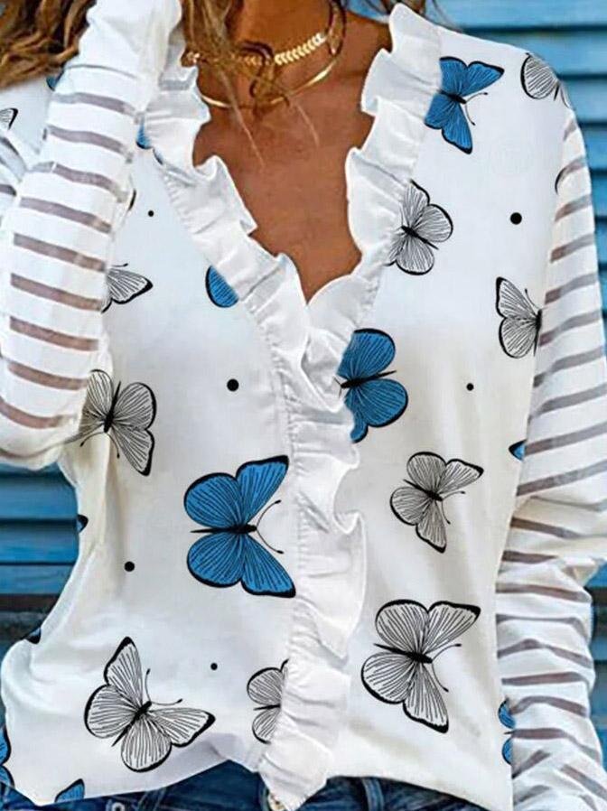 Long Sleeve Butterfly Print Lapel Blouses - LuckyFash™