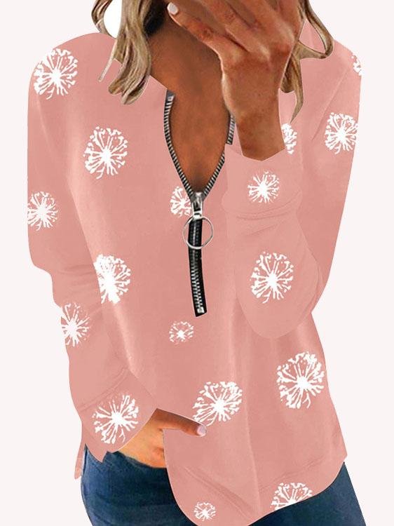 Long Sleeve Dandelion Print Zipper T-shirt - LuckyFash™