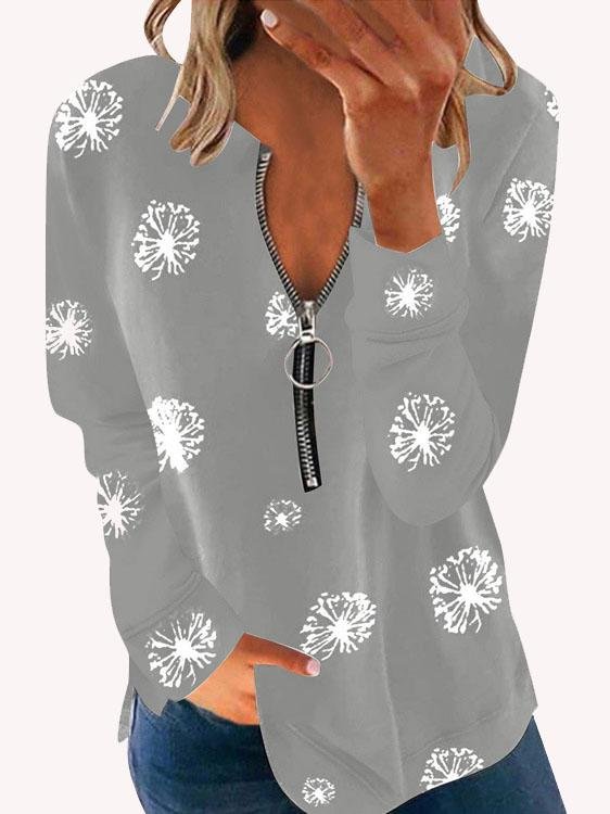 Long Sleeve Dandelion Print Zipper T-shirt - LuckyFash™