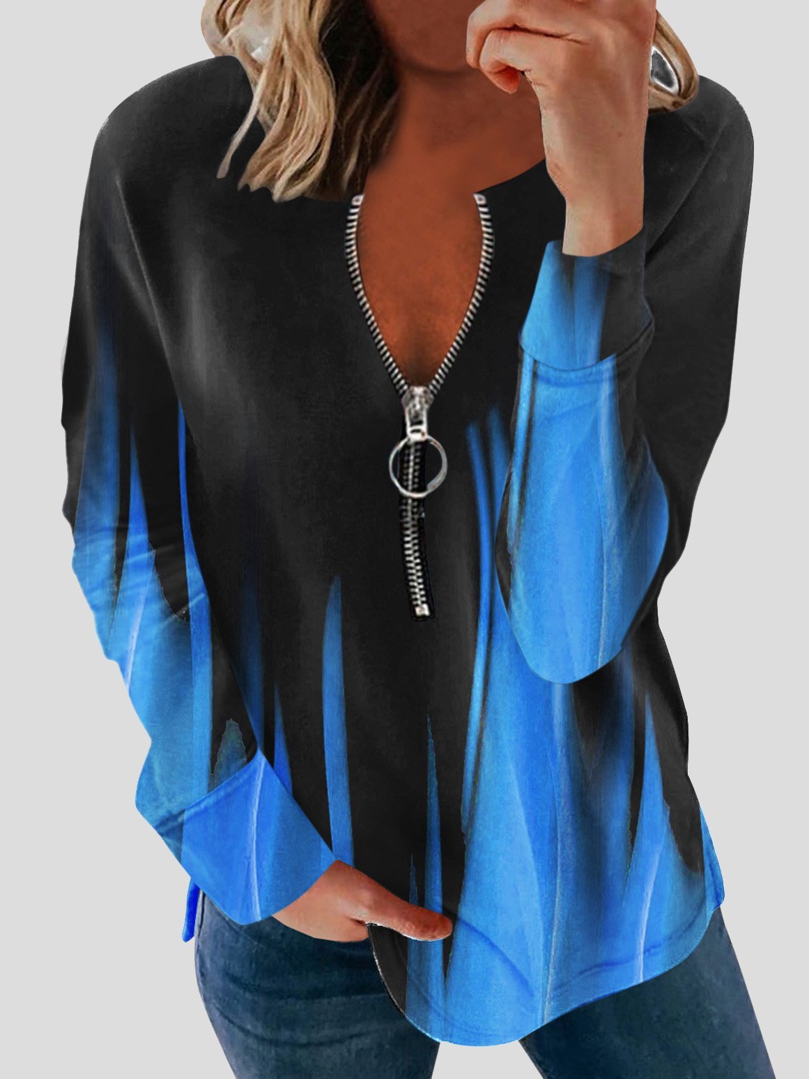 Long Sleeve Printed Zipper Casual Blouses - LuckyFash™