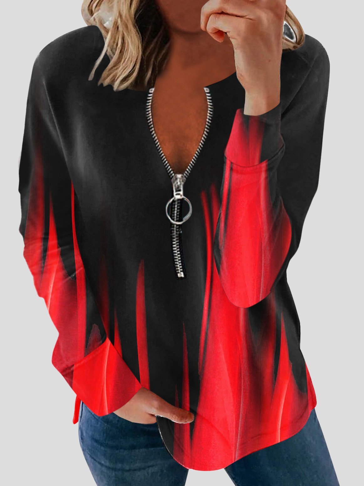 Long Sleeve Printed Zipper Casual Blouses - LuckyFash™