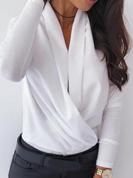 Long Sleeve Solid Deep V Swing Neck Blouses - LuckyFash™