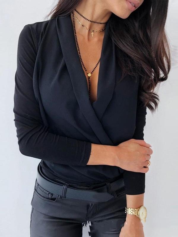Long Sleeve Solid Deep V Swing Neck Blouses - LuckyFash™