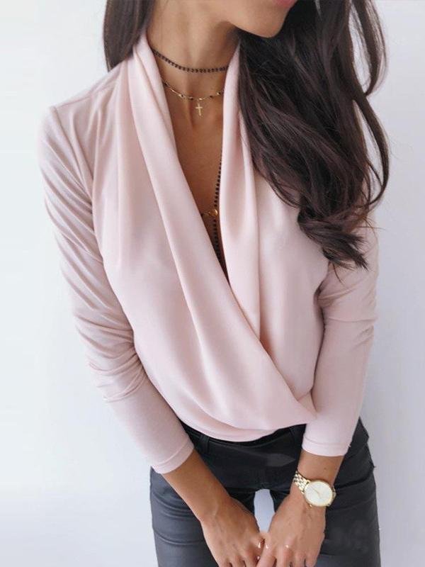 Long Sleeve Solid Deep V Swing Neck Blouses - LuckyFash™