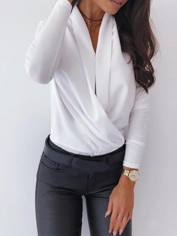Long Sleeve Solid Deep V Swing Neck Blouses - LuckyFash™