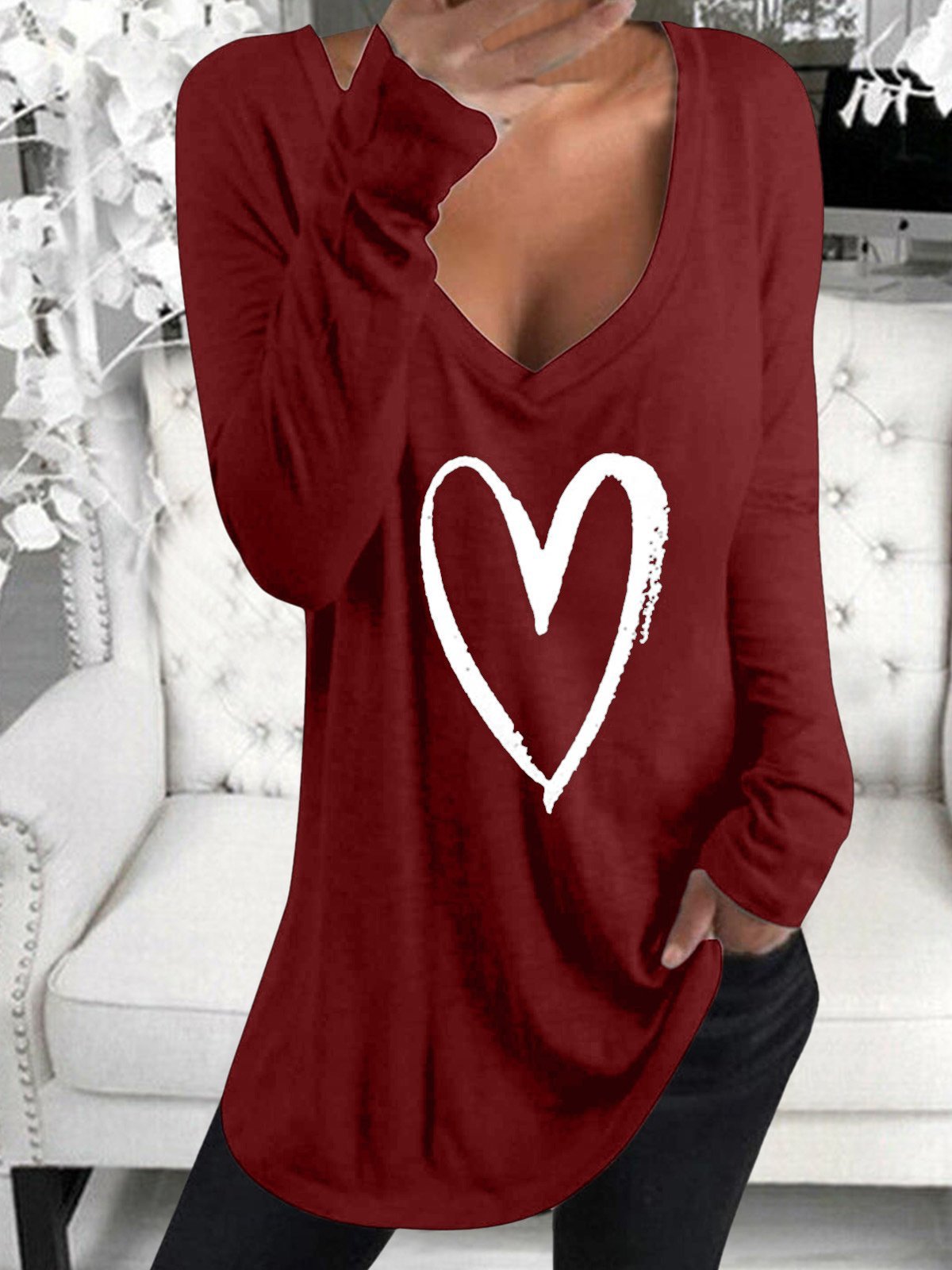 Long Sleeve V-Neck Heart Printed Casual T-Shirt - LuckyFash™