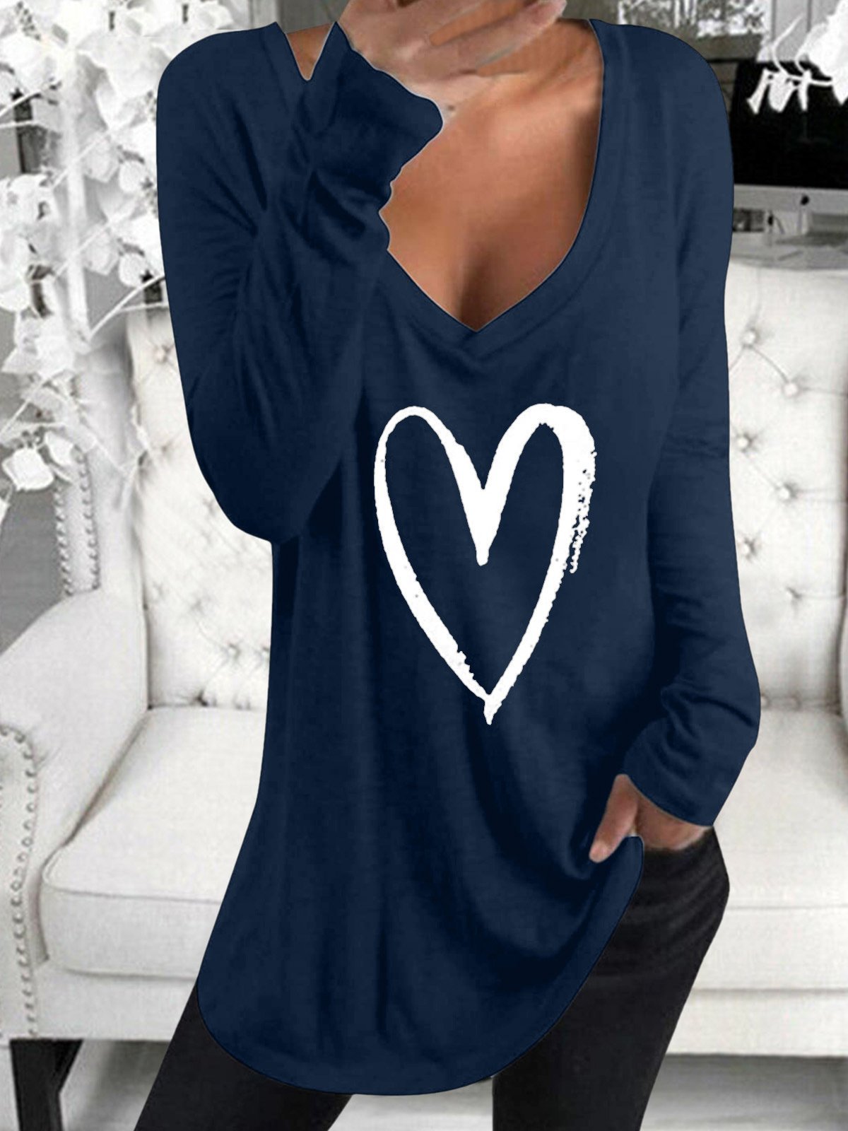 Long Sleeve V-Neck Heart Printed Casual T-Shirt - LuckyFash™