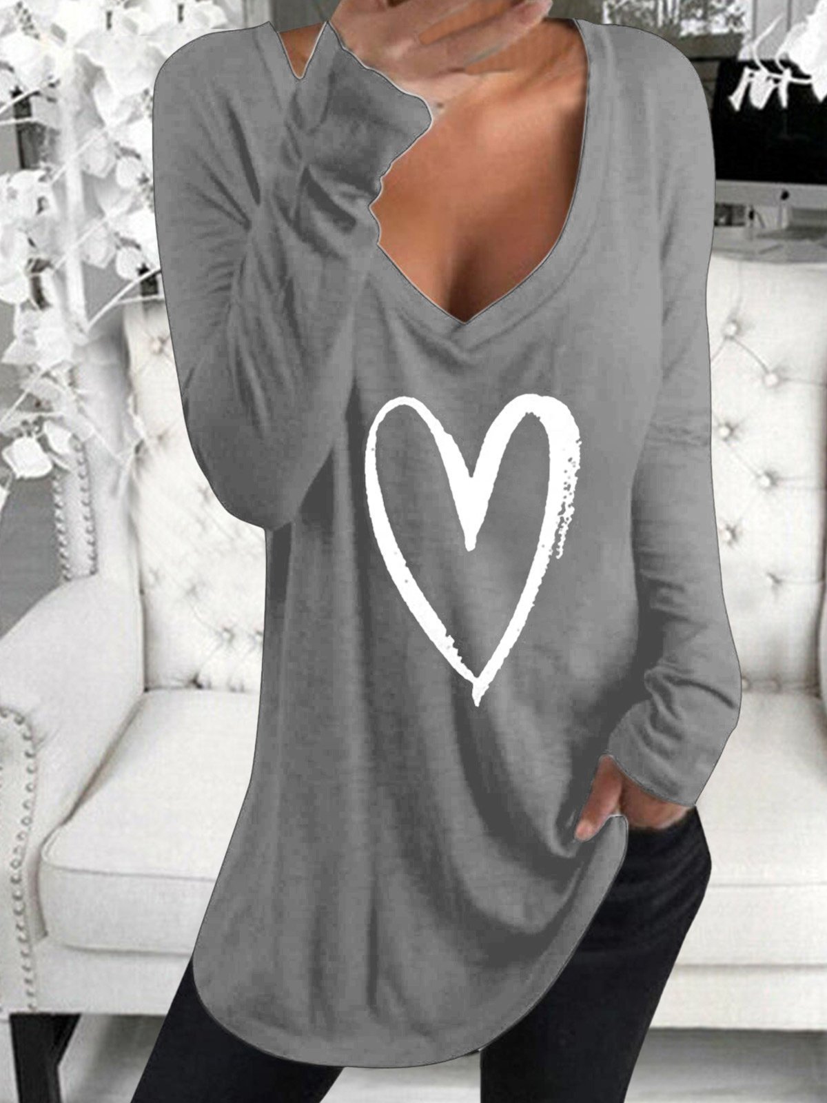 Long Sleeve V-Neck Heart Printed Casual T-Shirt - LuckyFash™