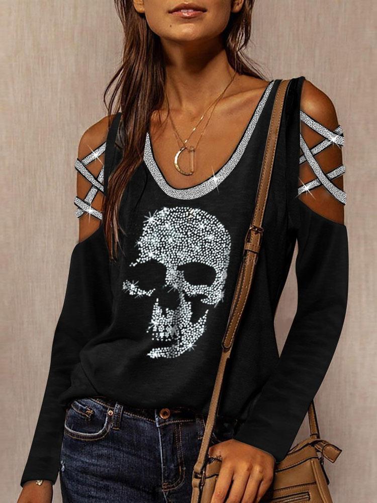 Long Sleeve V-Neck Skull Print Hollow T-Shirt - LuckyFash™