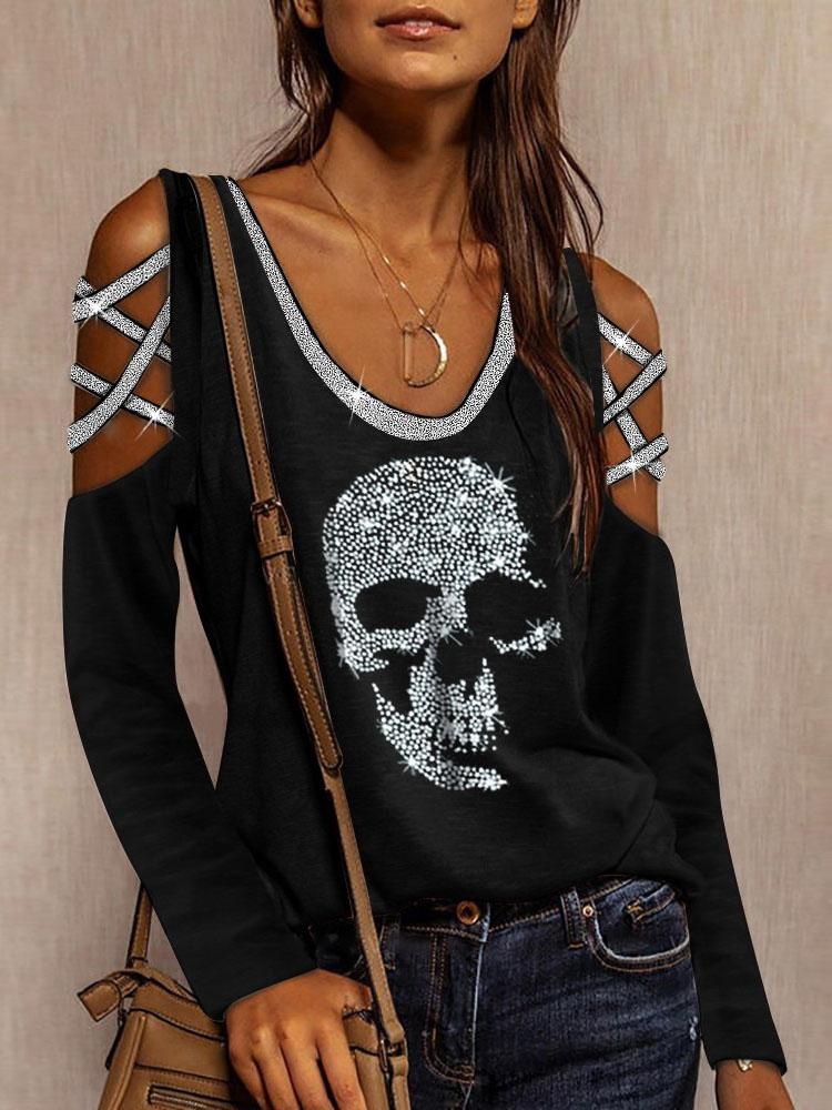 Long Sleeve V-Neck Skull Print Hollow T-Shirt - LuckyFash™