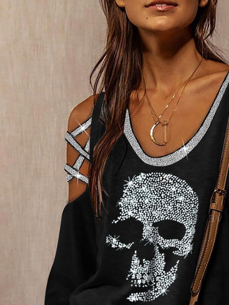 Long Sleeve V-Neck Skull Print Hollow T-Shirt - LuckyFash™