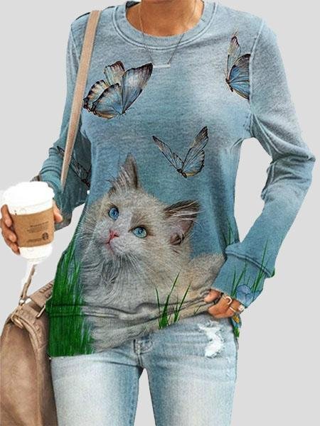 Loose Animal Cat Print Long Sleeve T-Shirts - LuckyFash™