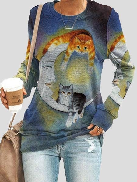 Loose Animal Cat Print Long Sleeve T-Shirts - LuckyFash™
