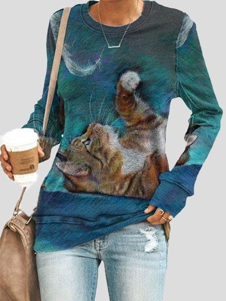 Loose Animal Cat Print Long Sleeve T-Shirts - LuckyFash™