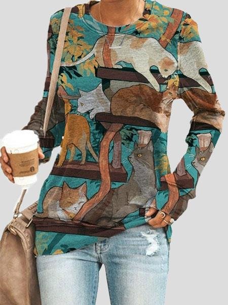 Loose Animal Cat Print Long Sleeve T-Shirts - LuckyFash™